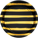 Black and Gold Striped Foil 9-Inch Plates By Creative Converting